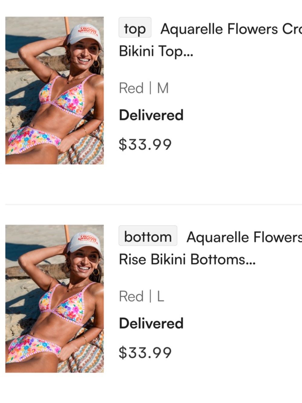 NWT Cupshe Aquarelle Flowers Triangle Bikini Top & Mid-Rise Bottoms Set
